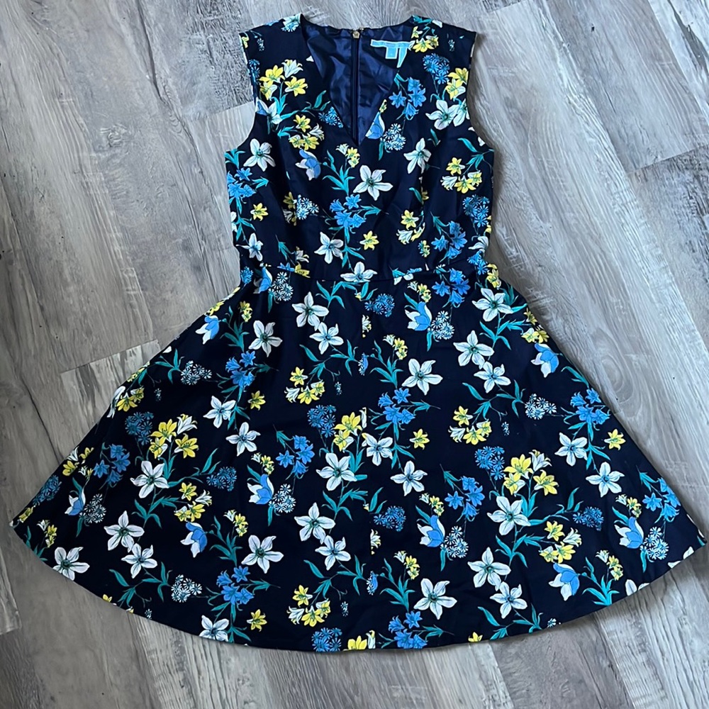 Draper James Navy Floral Fit-and-Flare Dress with Blue, White & Yellow Flowers